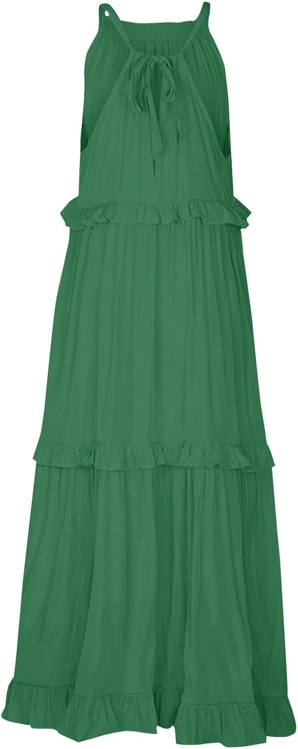 Maxi Dresses for Women 2025 Halter Neck Sleeveless Tiered Long Dress Flowy Comfy Smocked Ruffle Beach Sundresses
