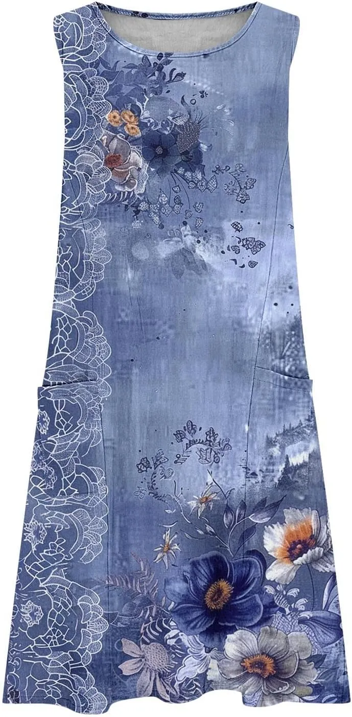 Maxi Dresses for Women 2025 Sleeveless Scoop Neck Bohemian Floral Sundress with Pockets Casual Loose Going Out Dress
