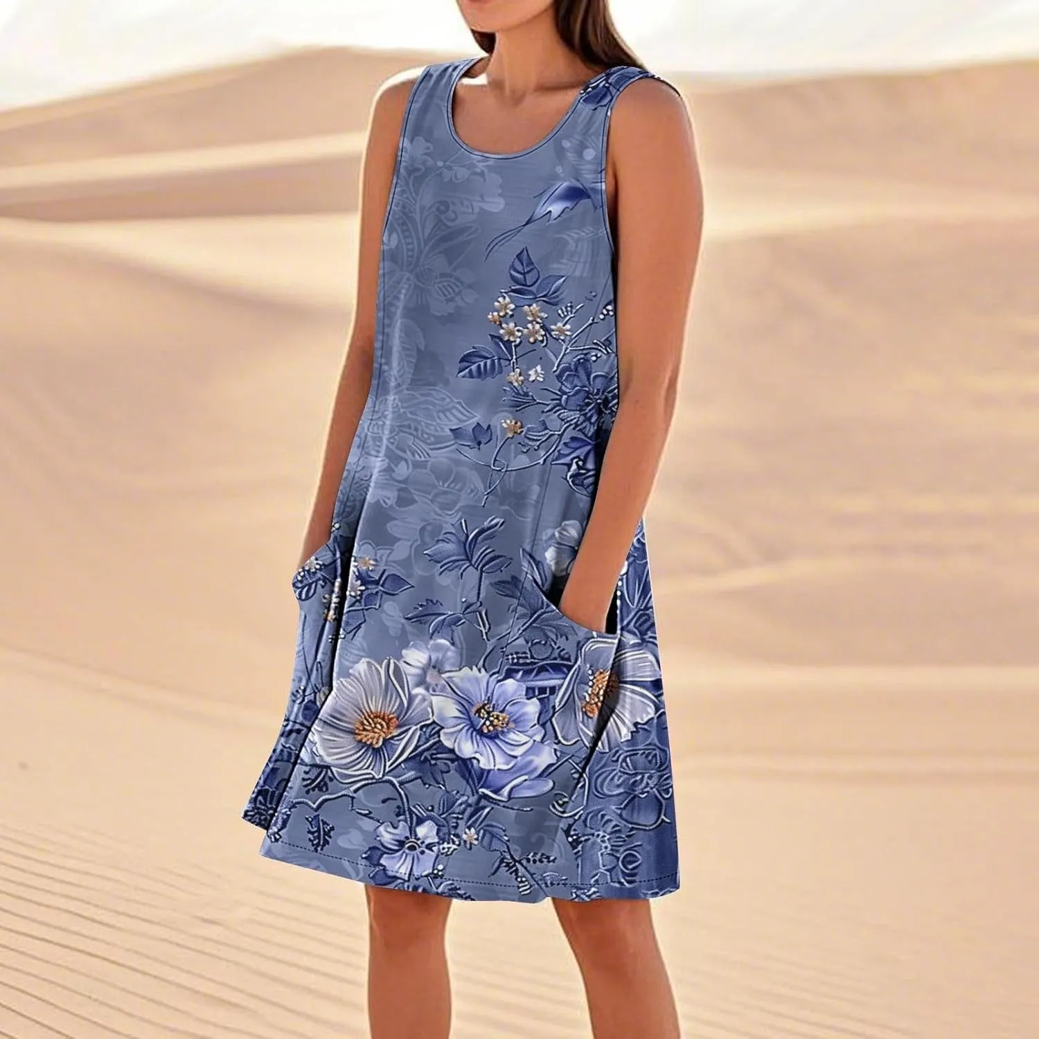 Maxi Dresses for Women 2025 Sleeveless Scoop Neck Bohemian Floral Sundress with Pockets Casual Loose Going Out Dress