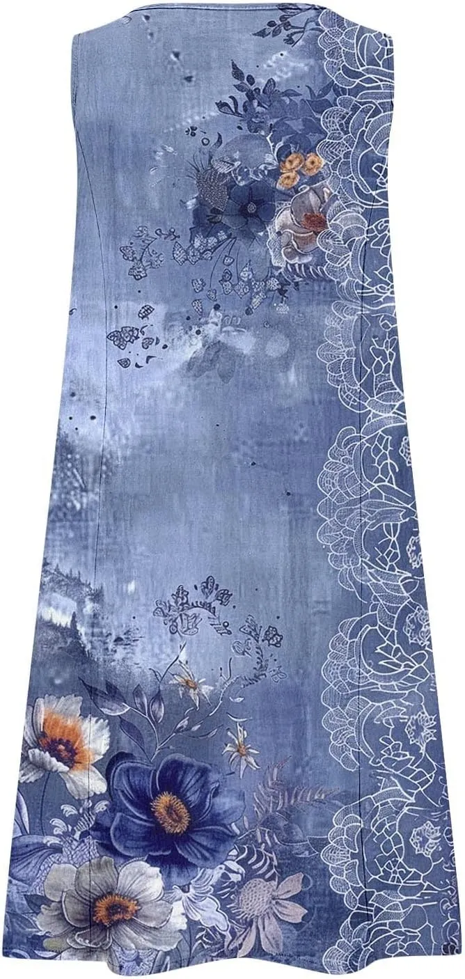 Maxi Dresses for Women 2025 Sleeveless Scoop Neck Bohemian Floral Sundress with Pockets Casual Loose Going Out Dress