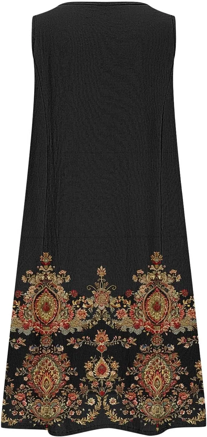 Maxi Dresses for Women 2025 Sleeveless Scoop Neck Bohemian Floral Sundress with Pockets Casual Loose Going Out Dress