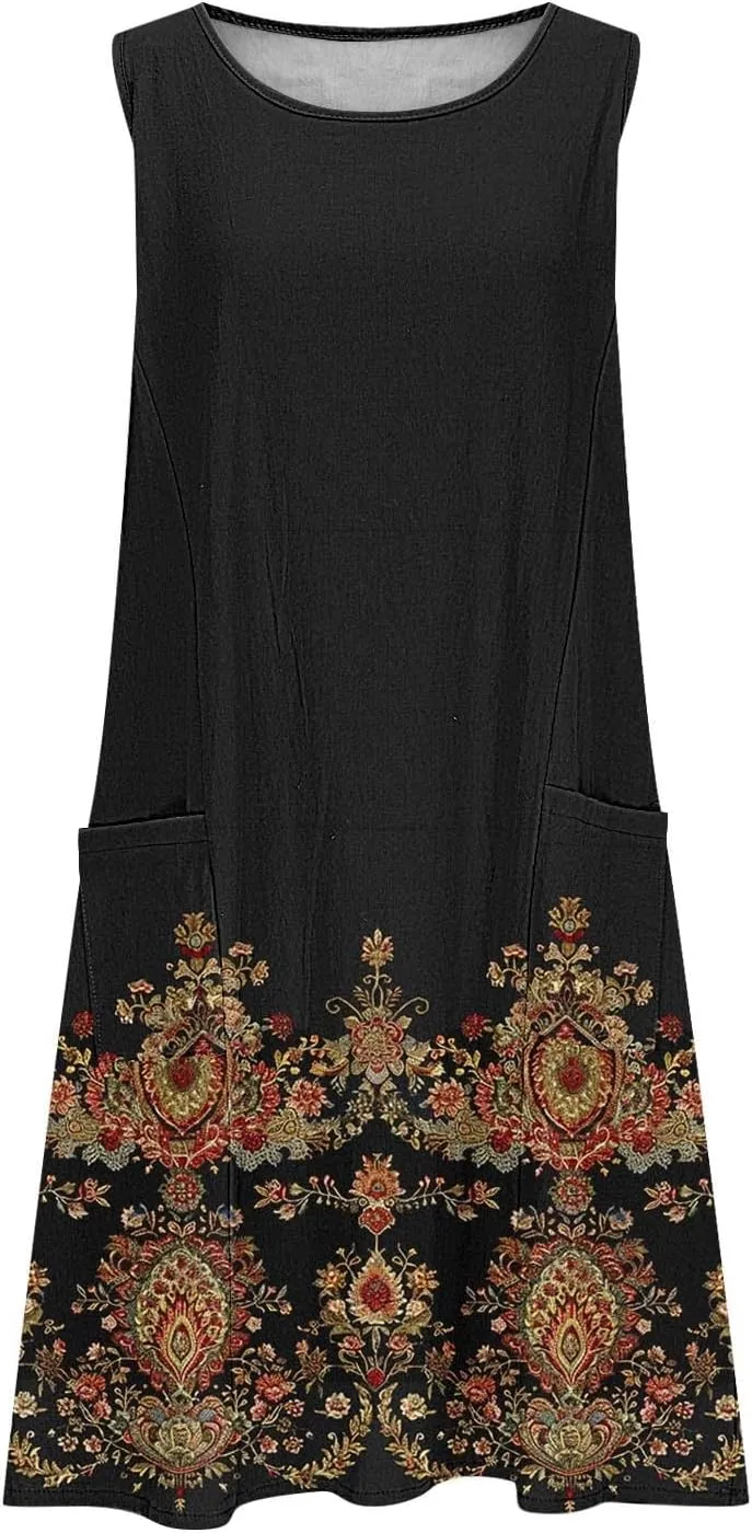 Maxi Dresses for Women 2025 Sleeveless Scoop Neck Bohemian Floral Sundress with Pockets Casual Loose Going Out Dress