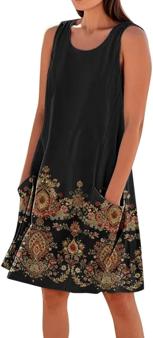Maxi Dresses for Women 2025 Sleeveless Scoop Neck Bohemian Floral Sundress with Pockets Casual Loose Going Out Dress