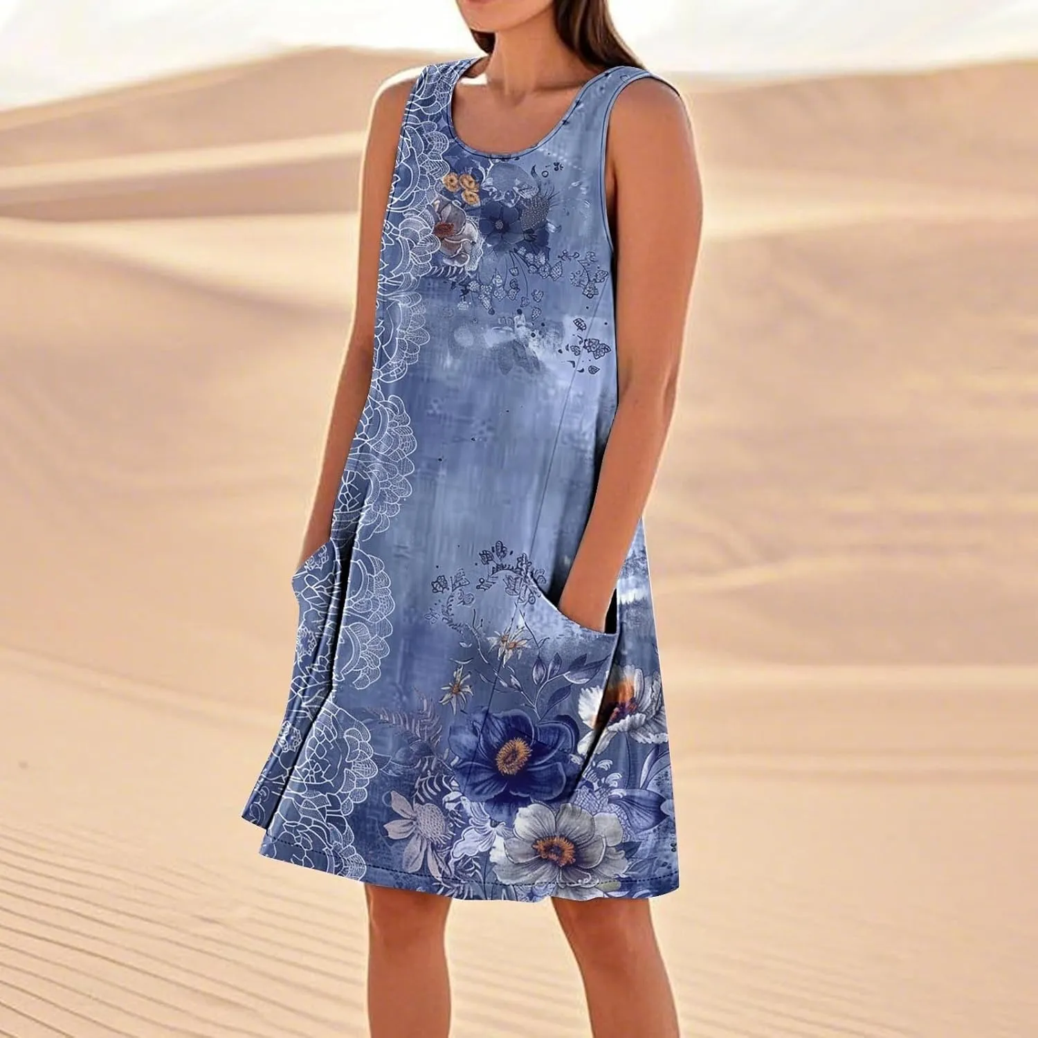 Maxi Dresses for Women 2025 Sleeveless Scoop Neck Bohemian Floral Sundress with Pockets Casual Loose Going Out Dress