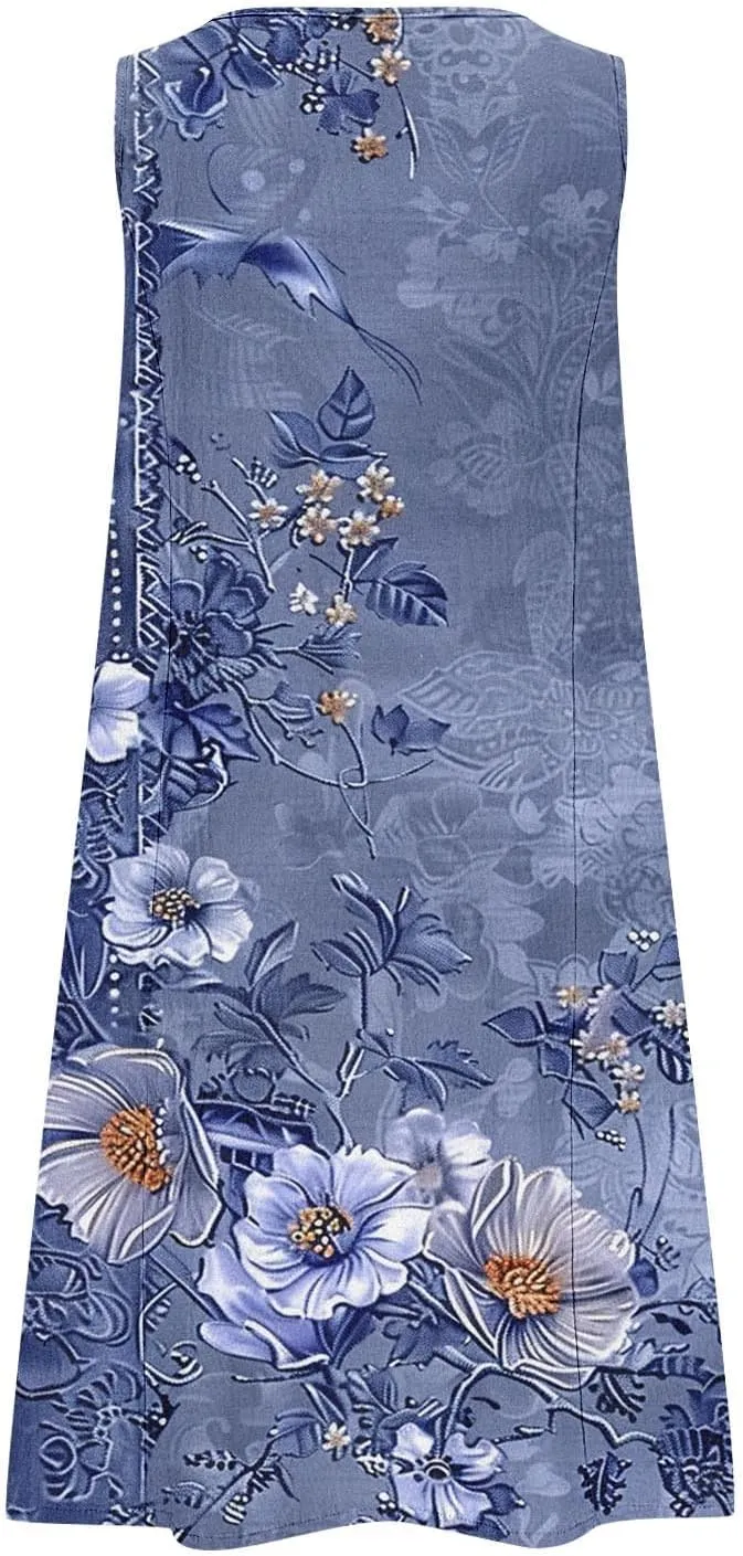 Maxi Dresses for Women 2025 Sleeveless Scoop Neck Bohemian Floral Sundress with Pockets Casual Loose Going Out Dress
