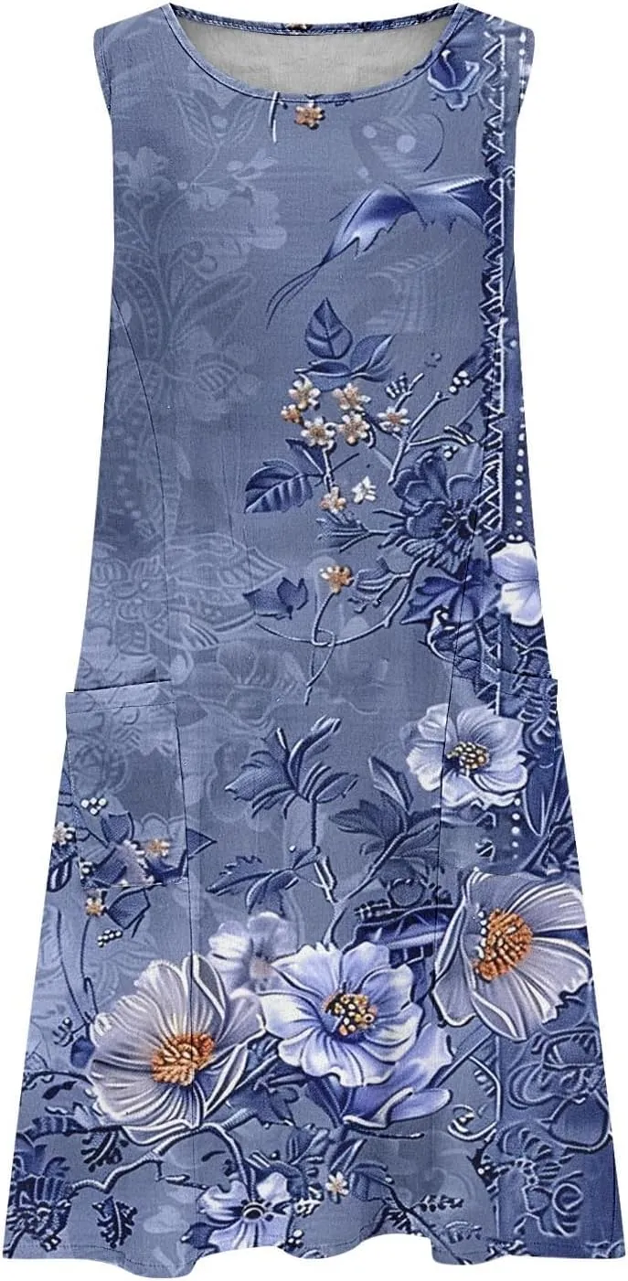 Maxi Dresses for Women 2025 Sleeveless Scoop Neck Bohemian Floral Sundress with Pockets Casual Loose Going Out Dress