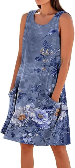 Maxi Dresses for Women 2025 Sleeveless Scoop Neck Bohemian Floral Sundress with Pockets Casual Loose Going Out Dress