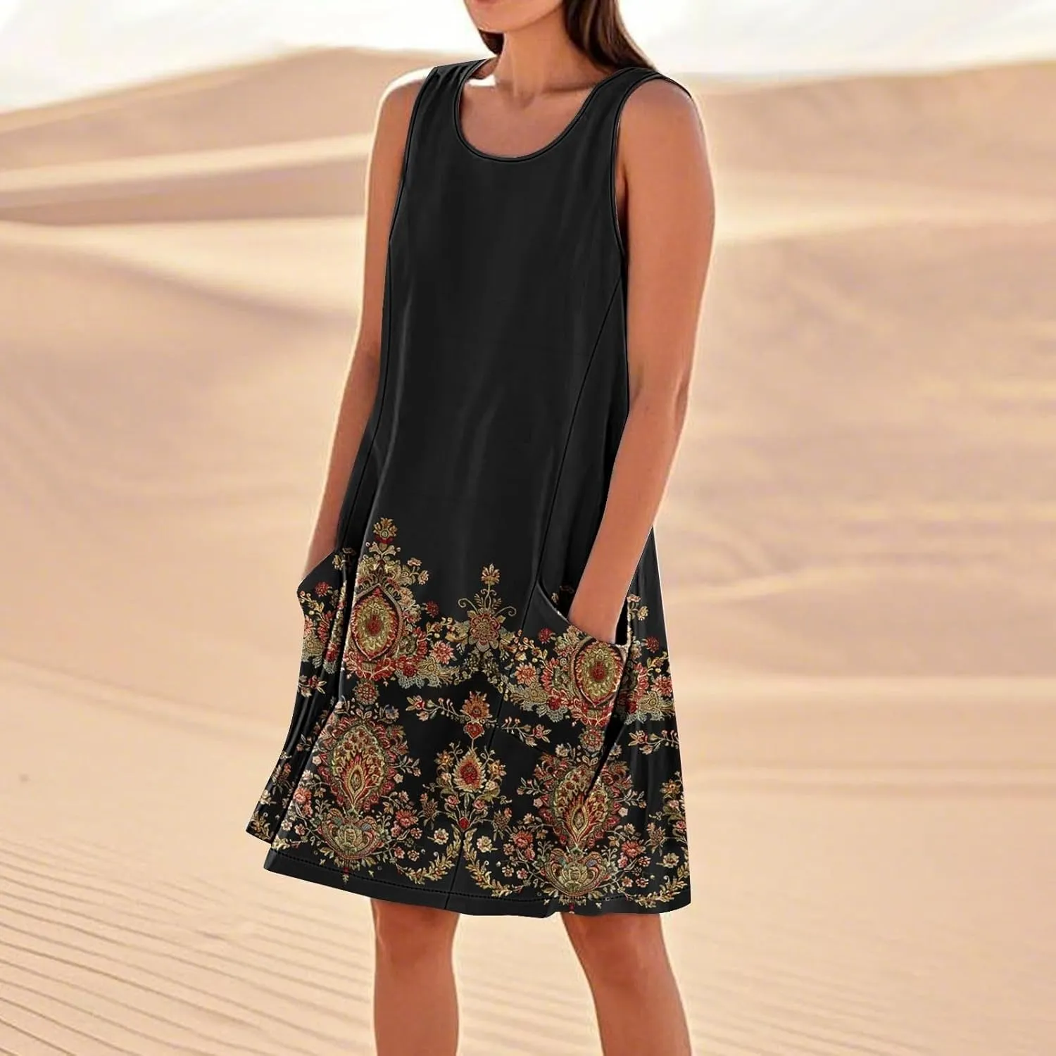 Maxi Dresses for Women 2025 Sleeveless Scoop Neck Bohemian Floral Sundress with Pockets Casual Loose Going Out Dress