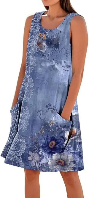 Maxi Dresses for Women 2025 Sleeveless Scoop Neck Bohemian Floral Sundress with Pockets Casual Loose Going Out Dress