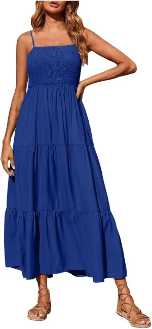 Maxi Dresses for Women 2025 Sleeveless Smocked Long Spaghetti Strap Dress Flowy Ruffle Tiered Boho Beach Sundress