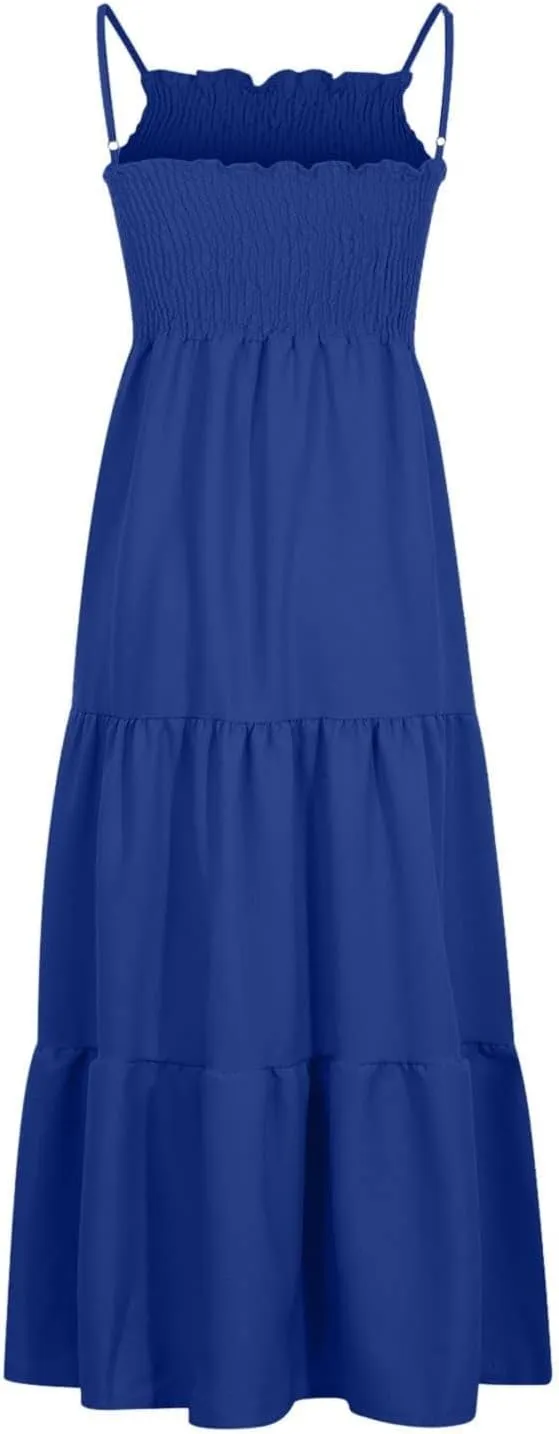 Maxi Dresses for Women 2025 Sleeveless Smocked Long Spaghetti Strap Dress Flowy Ruffle Tiered Boho Beach Sundress