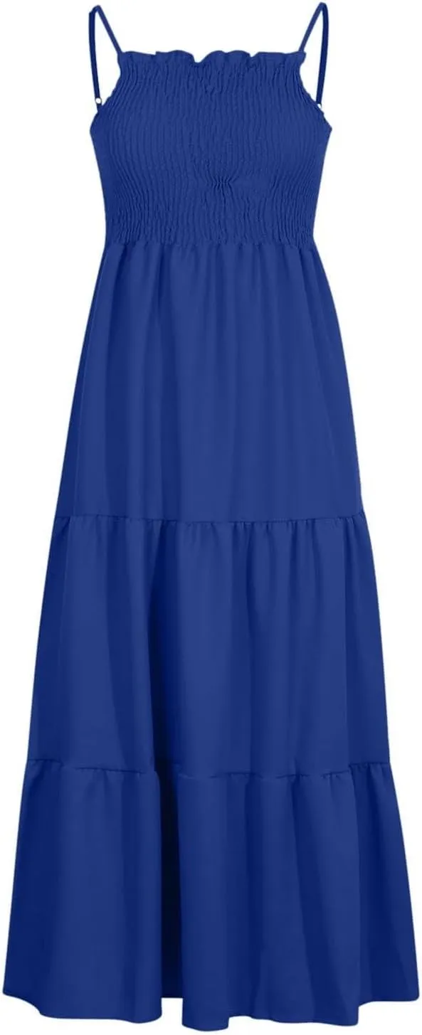 Maxi Dresses for Women 2025 Sleeveless Smocked Long Spaghetti Strap Dress Flowy Ruffle Tiered Boho Beach Sundress