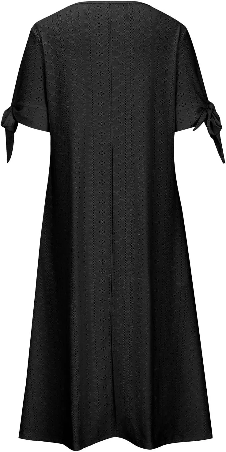 Maxi Long Dresses for Women 2025 Vacation Casual Short Sleeve Eyelet Tshirt Dress Summer Beach Travel Sundress Trendy