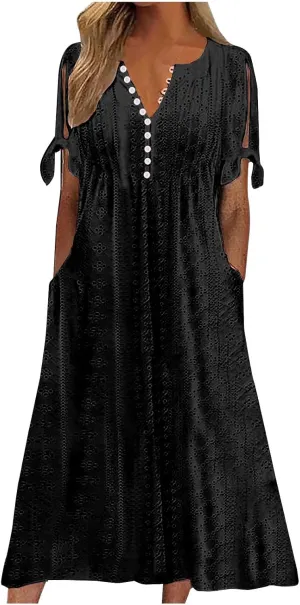 Maxi Long Dresses for Women 2025 Vacation Casual Short Sleeve Eyelet Tshirt Dress Summer Beach Travel Sundress Trendy