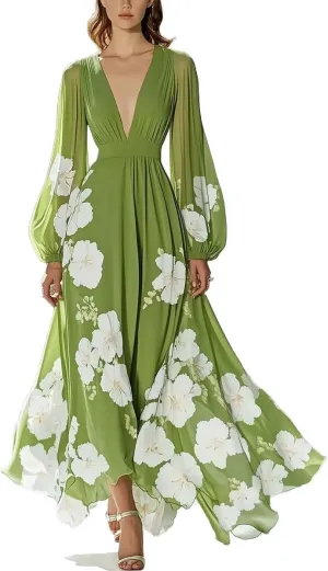 Melliflo Women's Elegant Long Sleeve Floral Print Maxi Dress V Neck Corset Waist Flowy A-Line Skirt Formal Evening Dresses