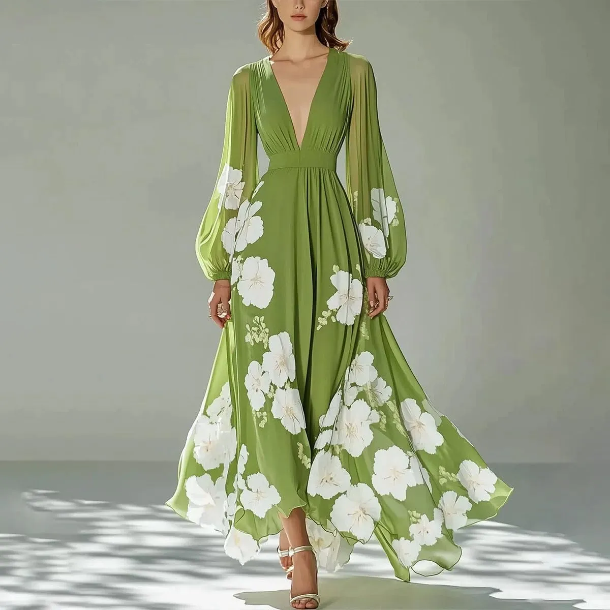 Melliflo Women's Elegant Long Sleeve Floral Print Maxi Dress V Neck Corset Waist Flowy A-Line Skirt Formal Evening Dresses