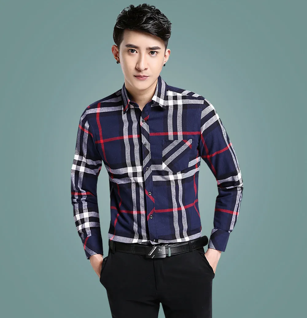 Men Chequered Korean Long Sleeved Shirt Slim Look Business Casual Men Shirt