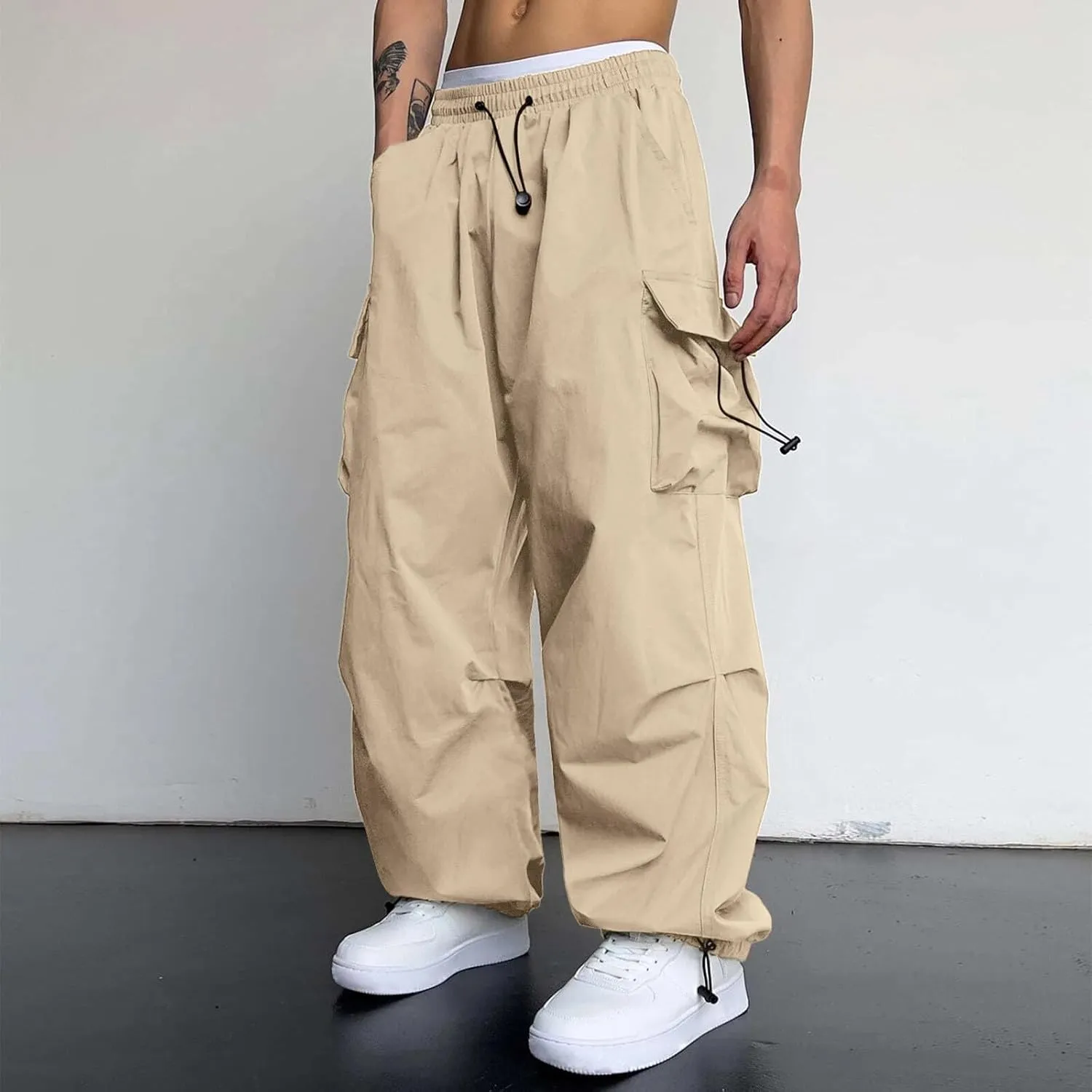 Men's Baggy Cargo Pants Trendy Casual Parachute Pant Elastic Waist Loose Fit Streetwear Multi Pockets