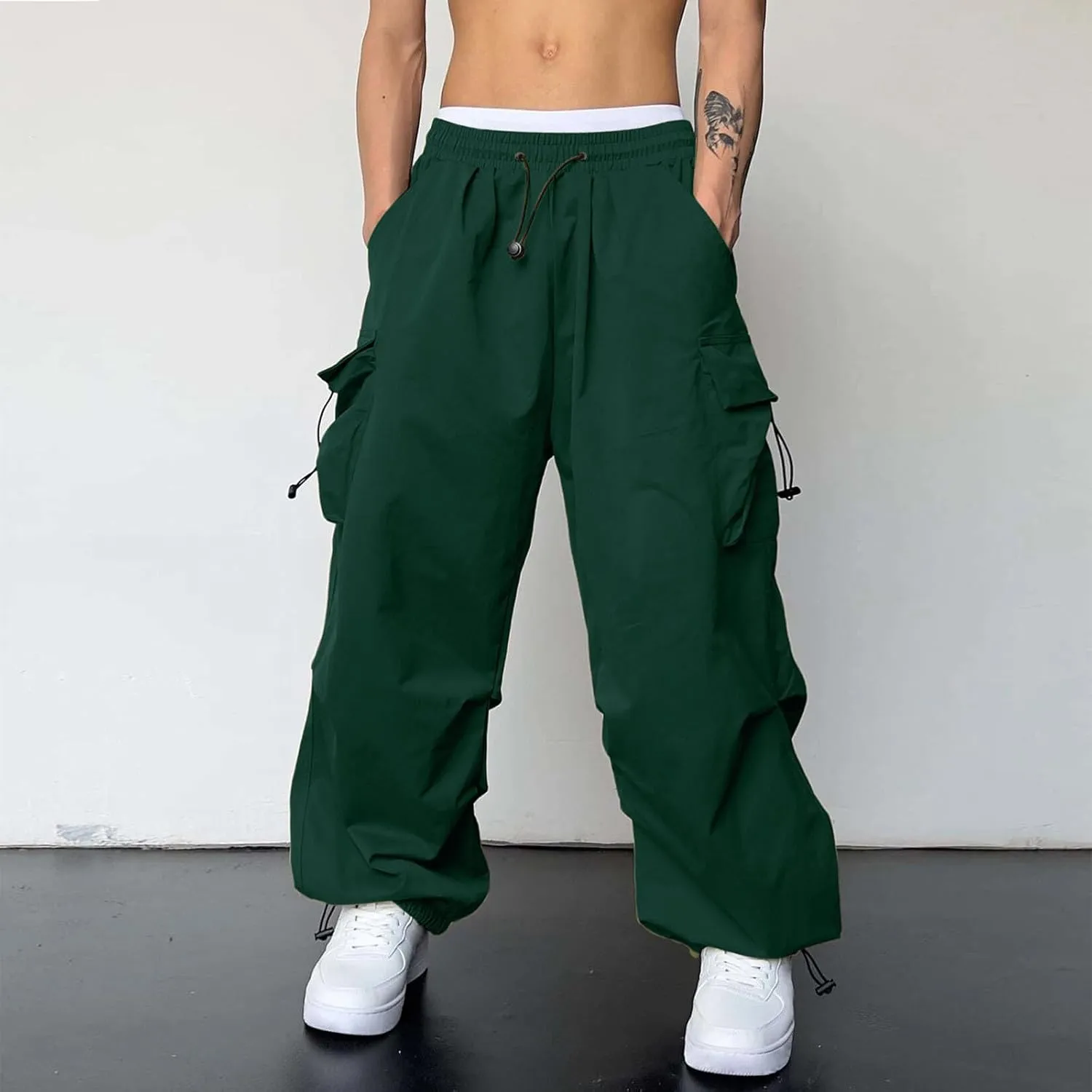 Men's Baggy Cargo Pants Trendy Casual Parachute Pant Elastic Waist Loose Fit Streetwear Multi Pockets