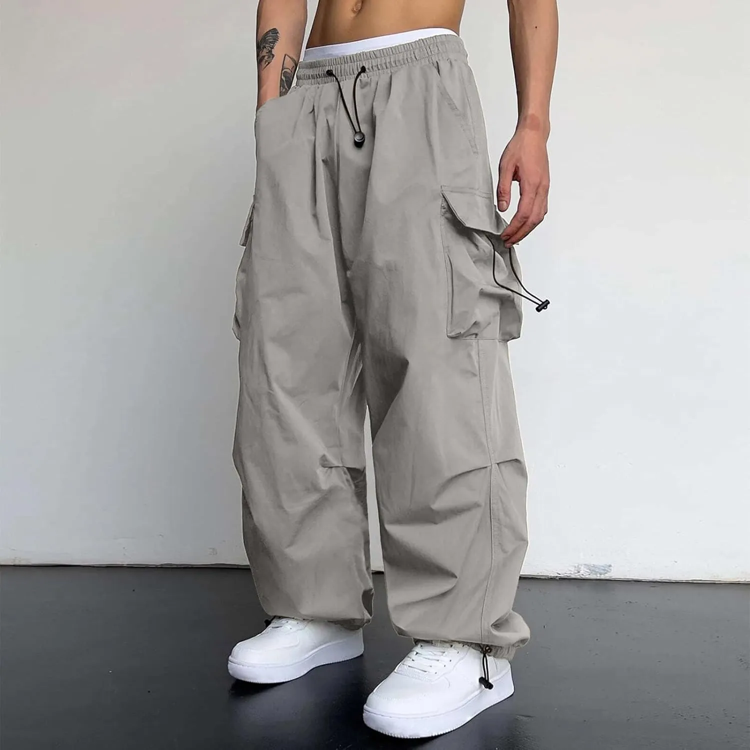 Men's Baggy Cargo Pants Trendy Casual Parachute Pant Elastic Waist Loose Fit Streetwear Multi Pockets