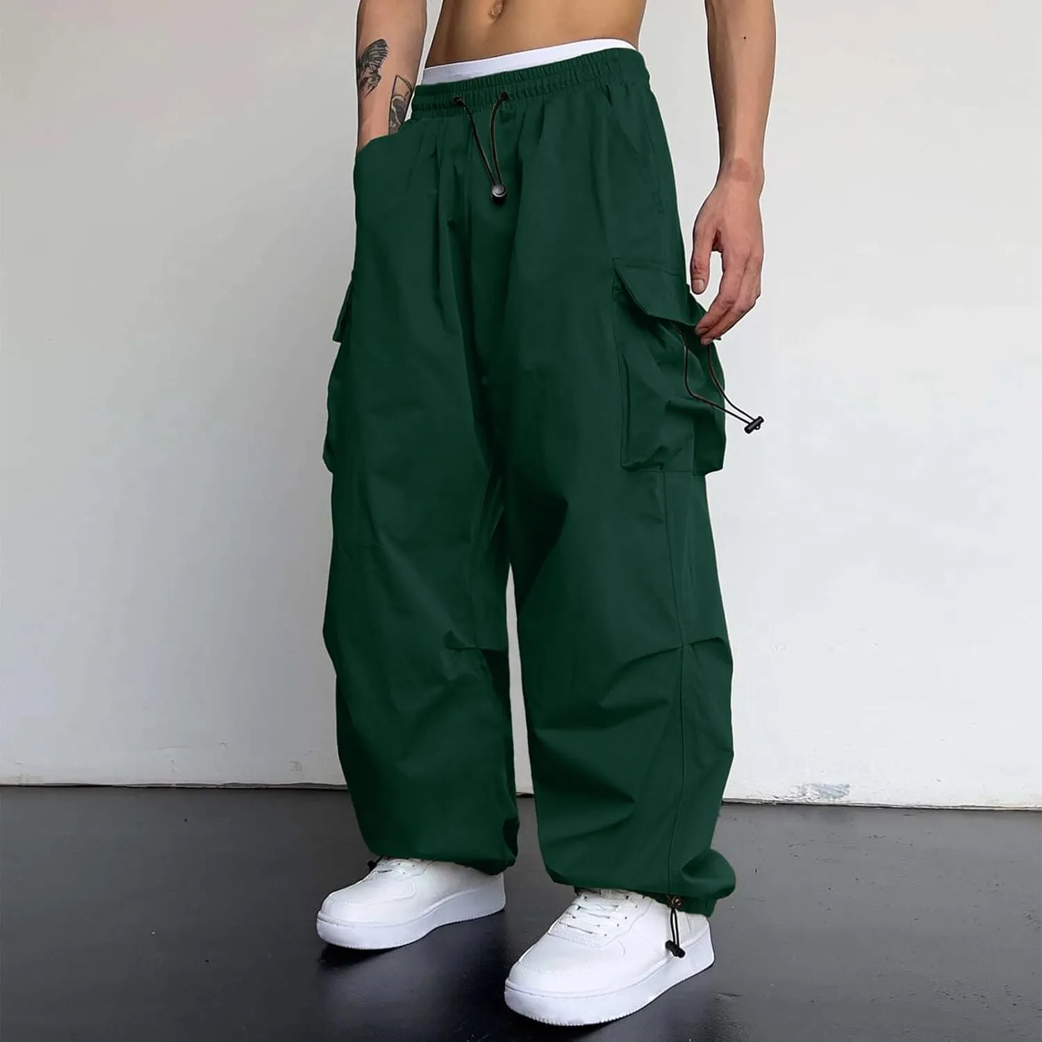 Men's Baggy Cargo Pants Trendy Casual Parachute Pant Elastic Waist Loose Fit Streetwear Multi Pockets