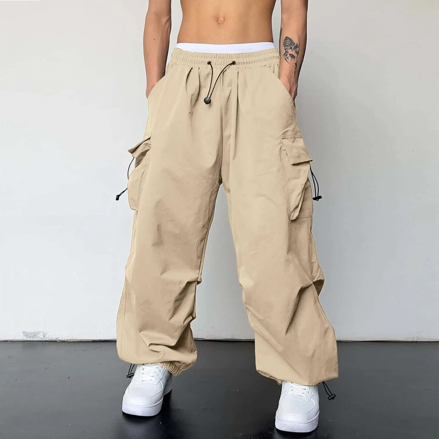 Men's Baggy Cargo Pants Trendy Casual Parachute Pant Elastic Waist Loose Fit Streetwear Multi Pockets