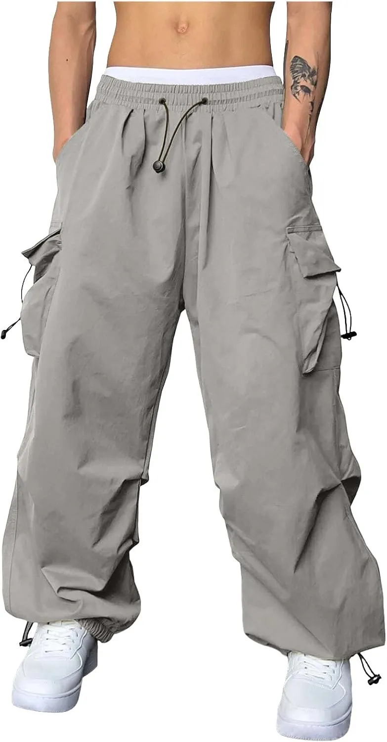Men's Baggy Cargo Pants Trendy Casual Parachute Pant Elastic Waist Loose Fit Streetwear Multi Pockets
