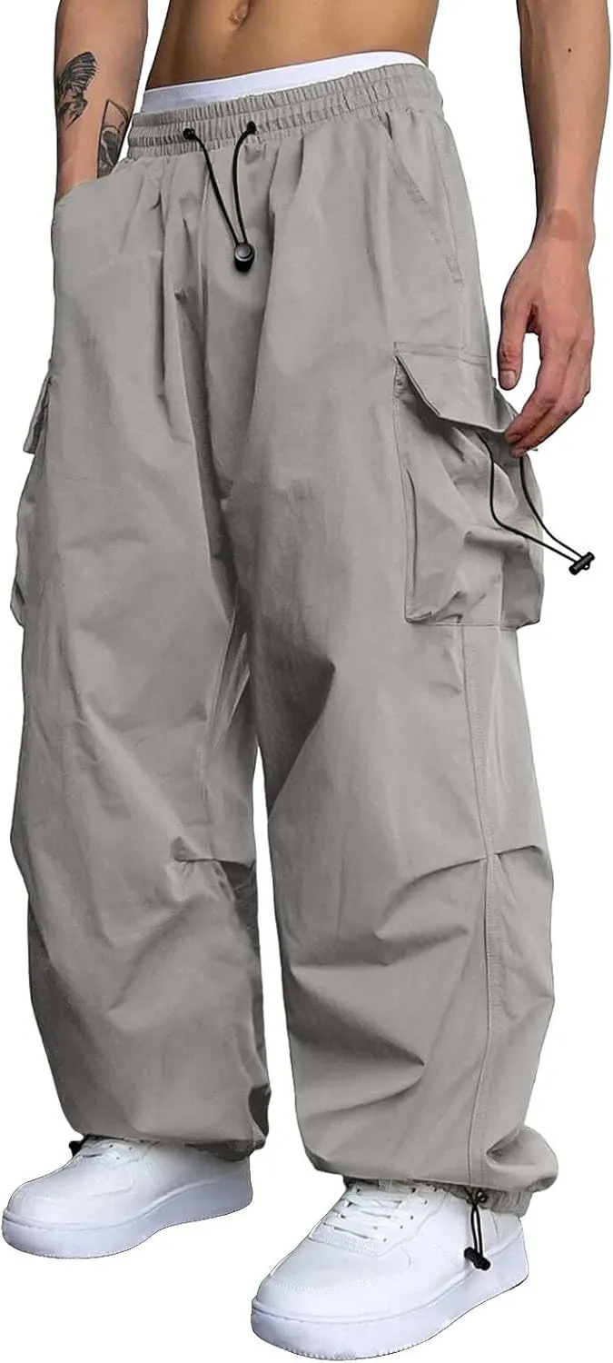 Men's Baggy Cargo Pants Trendy Casual Parachute Pant Elastic Waist Loose Fit Streetwear Multi Pockets