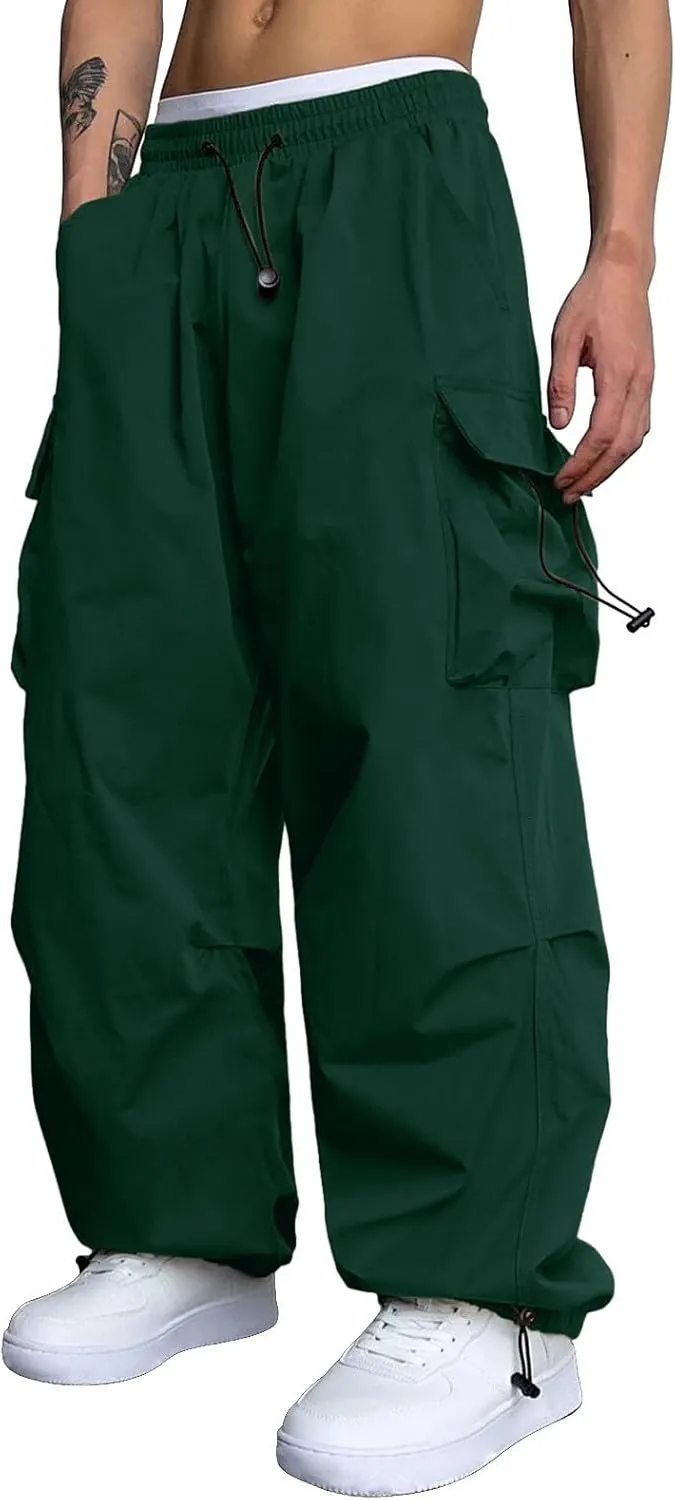 Men's Baggy Cargo Pants Trendy Casual Parachute Pant Elastic Waist Loose Fit Streetwear Multi Pockets