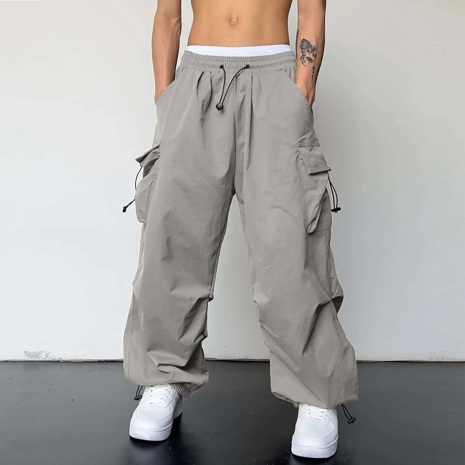 Men's Baggy Cargo Pants Trendy Casual Parachute Pant Elastic Waist Loose Fit Streetwear Multi Pockets