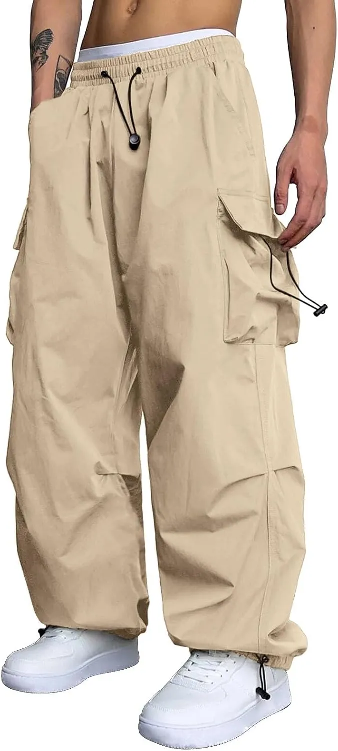 Men's Baggy Cargo Pants Trendy Casual Parachute Pant Elastic Waist Loose Fit Streetwear Multi Pockets