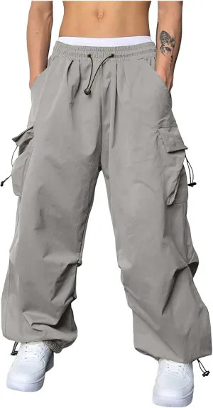 Men's Baggy Cargo Pants Trendy Casual Parachute Pant Elastic Waist Loose Fit Streetwear Multi Pockets