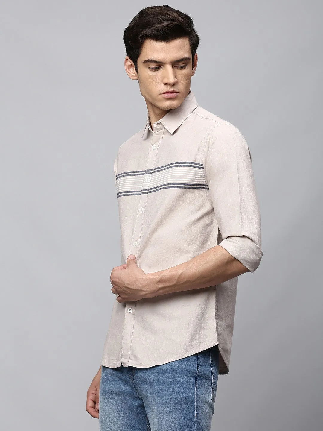Men's Grey Slim Fit Horizontal Stripes Striped Casual Shirt