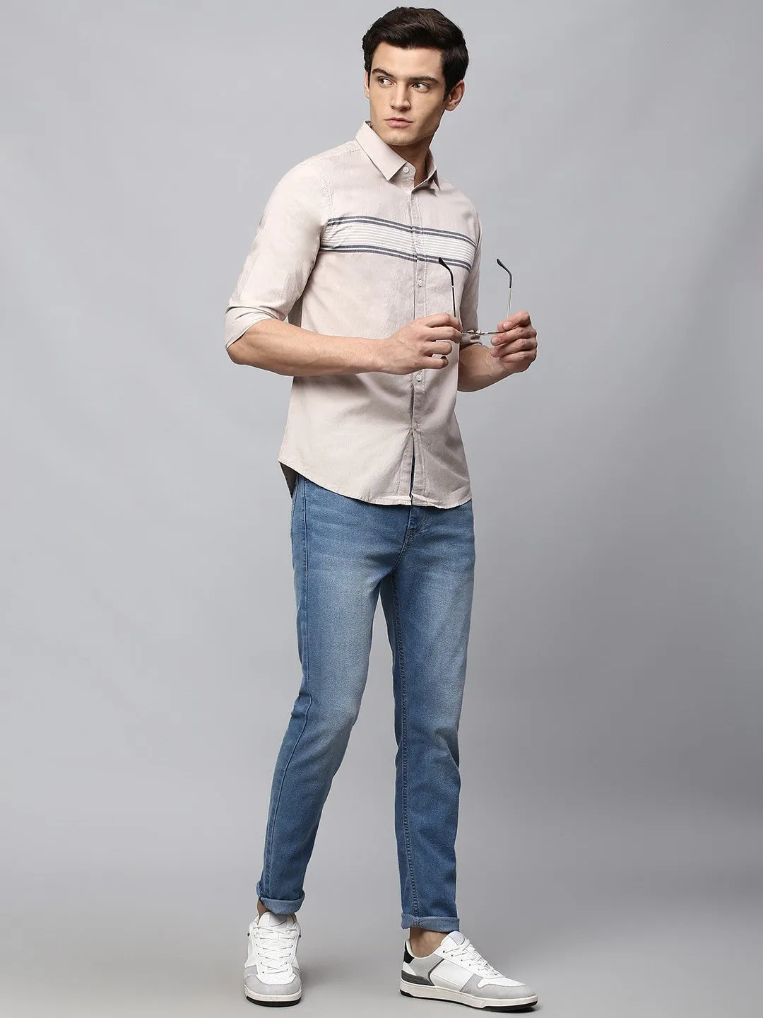 Men's Grey Slim Fit Horizontal Stripes Striped Casual Shirt