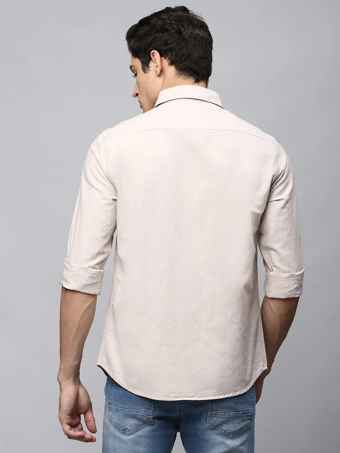 Men's Grey Slim Fit Horizontal Stripes Striped Casual Shirt