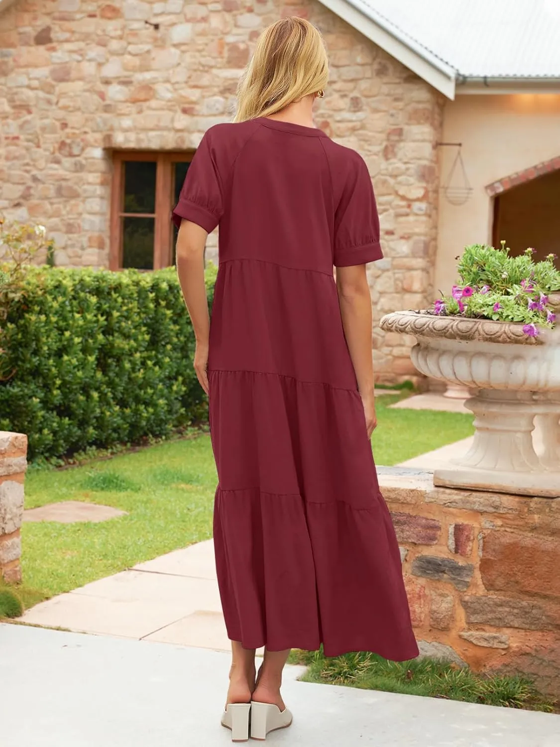 MEROKEETY Women Short Sleeve Summer Dress Button Down V Neck Ruffle Tiered Maxi Dresses