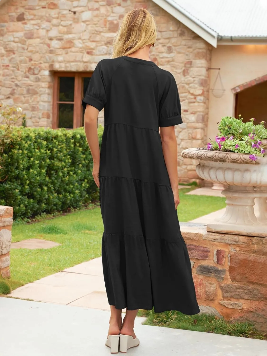 MEROKEETY Women Short Sleeve Summer Dress Button Down V Neck Ruffle Tiered Maxi Dresses