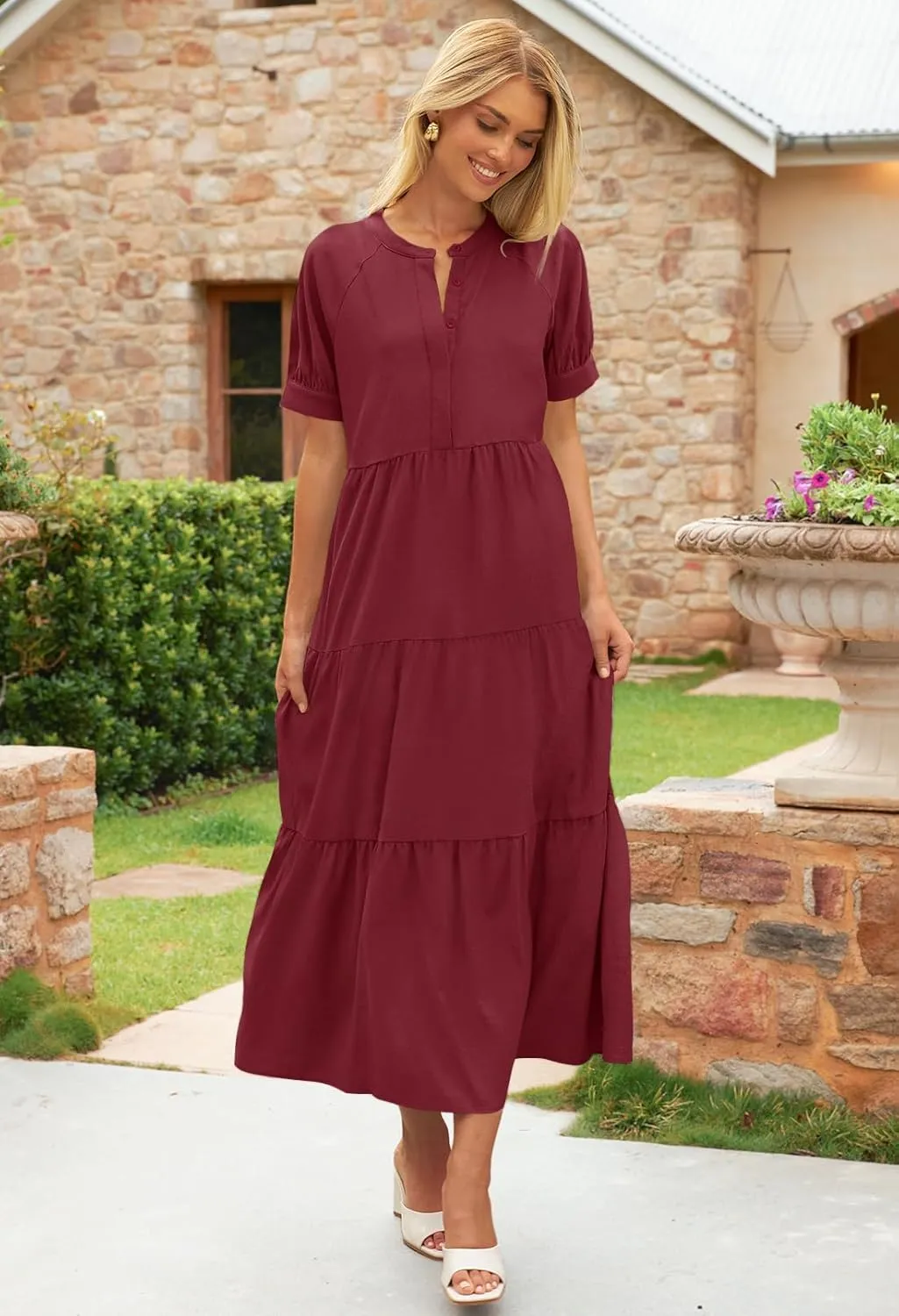 MEROKEETY Women Short Sleeve Summer Dress Button Down V Neck Ruffle Tiered Maxi Dresses