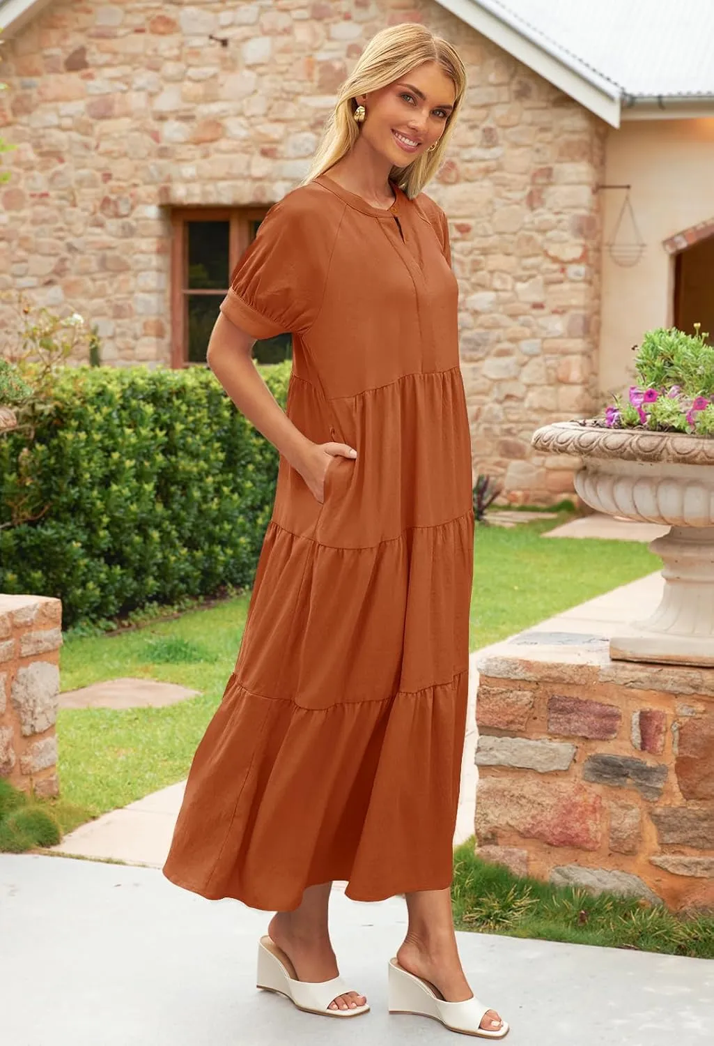MEROKEETY Women Short Sleeve Summer Dress Button Down V Neck Ruffle Tiered Maxi Dresses