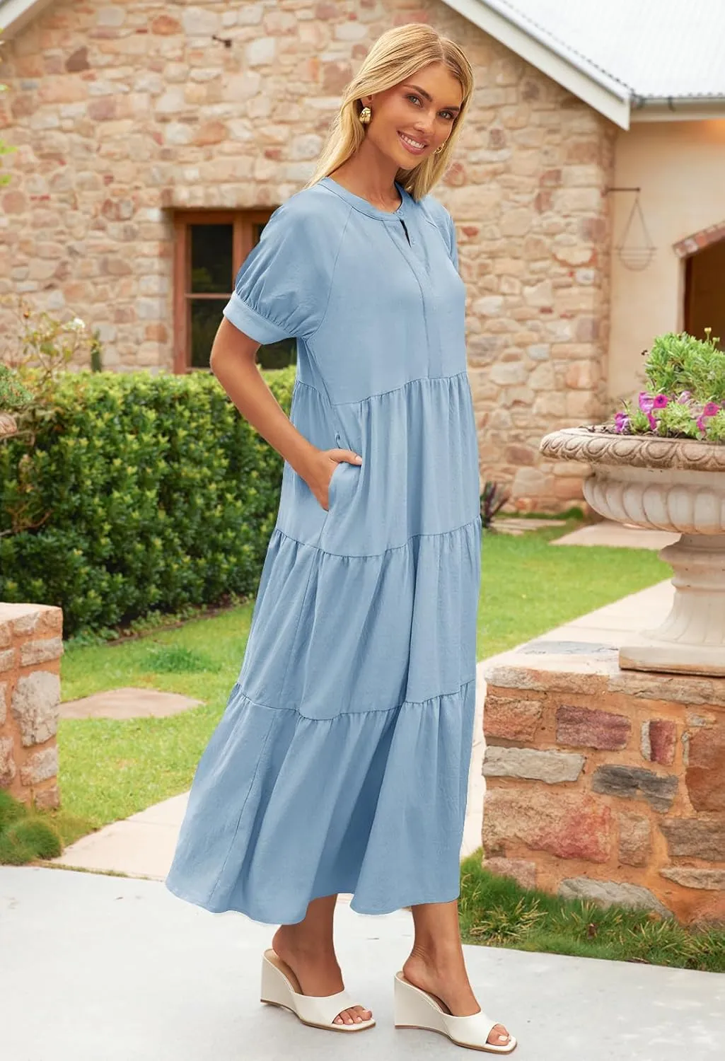 MEROKEETY Women Short Sleeve Summer Dress Button Down V Neck Ruffle Tiered Maxi Dresses