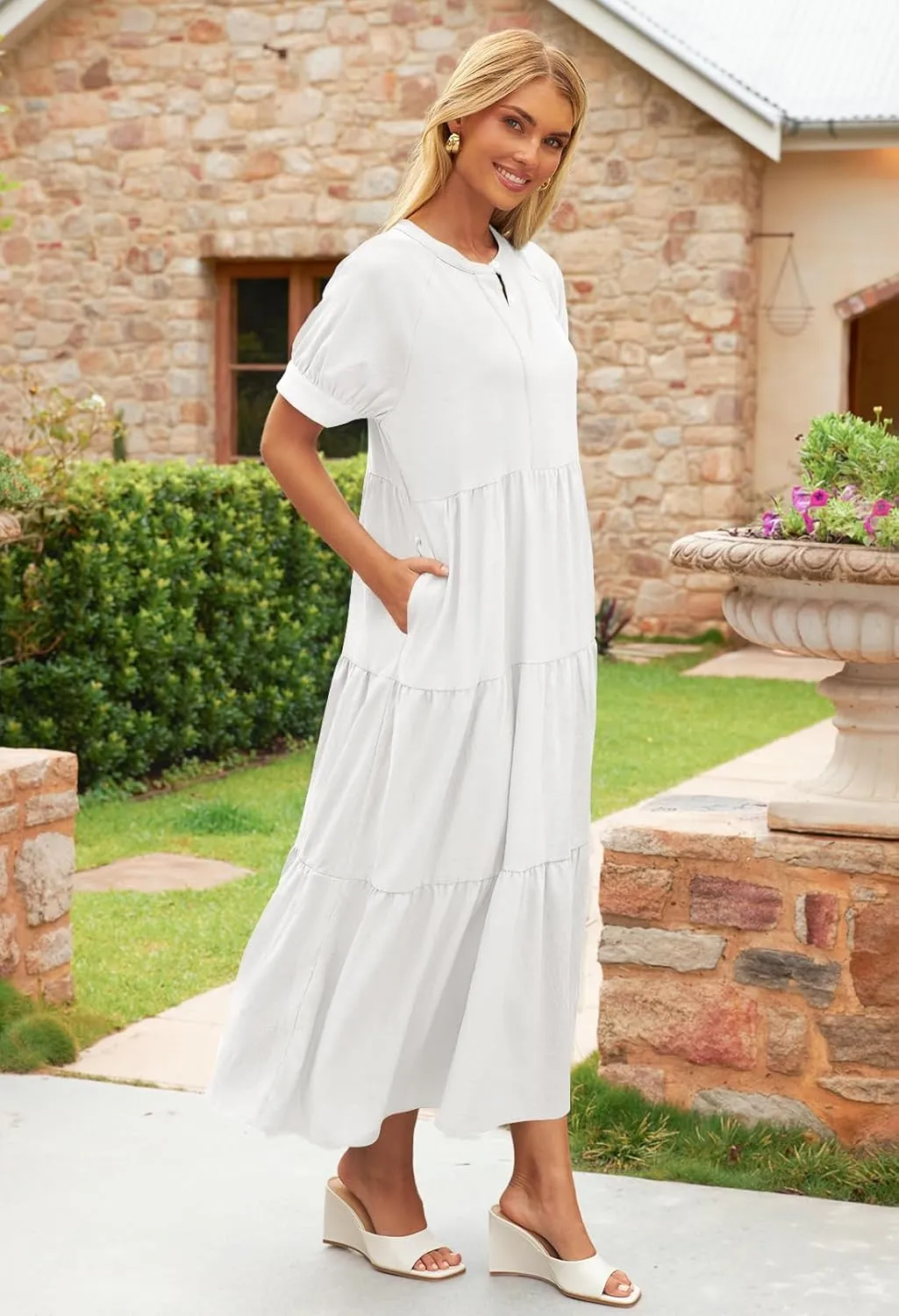 MEROKEETY Women Short Sleeve Summer Dress Button Down V Neck Ruffle Tiered Maxi Dresses