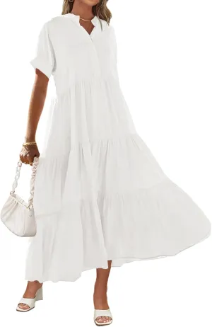 MEROKEETY Women Short Sleeve Summer Dress Button Down V Neck Ruffle Tiered Maxi Dresses