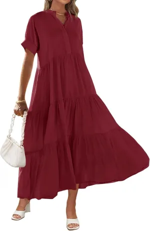 MEROKEETY Women Short Sleeve Summer Dress Button Down V Neck Ruffle Tiered Maxi Dresses