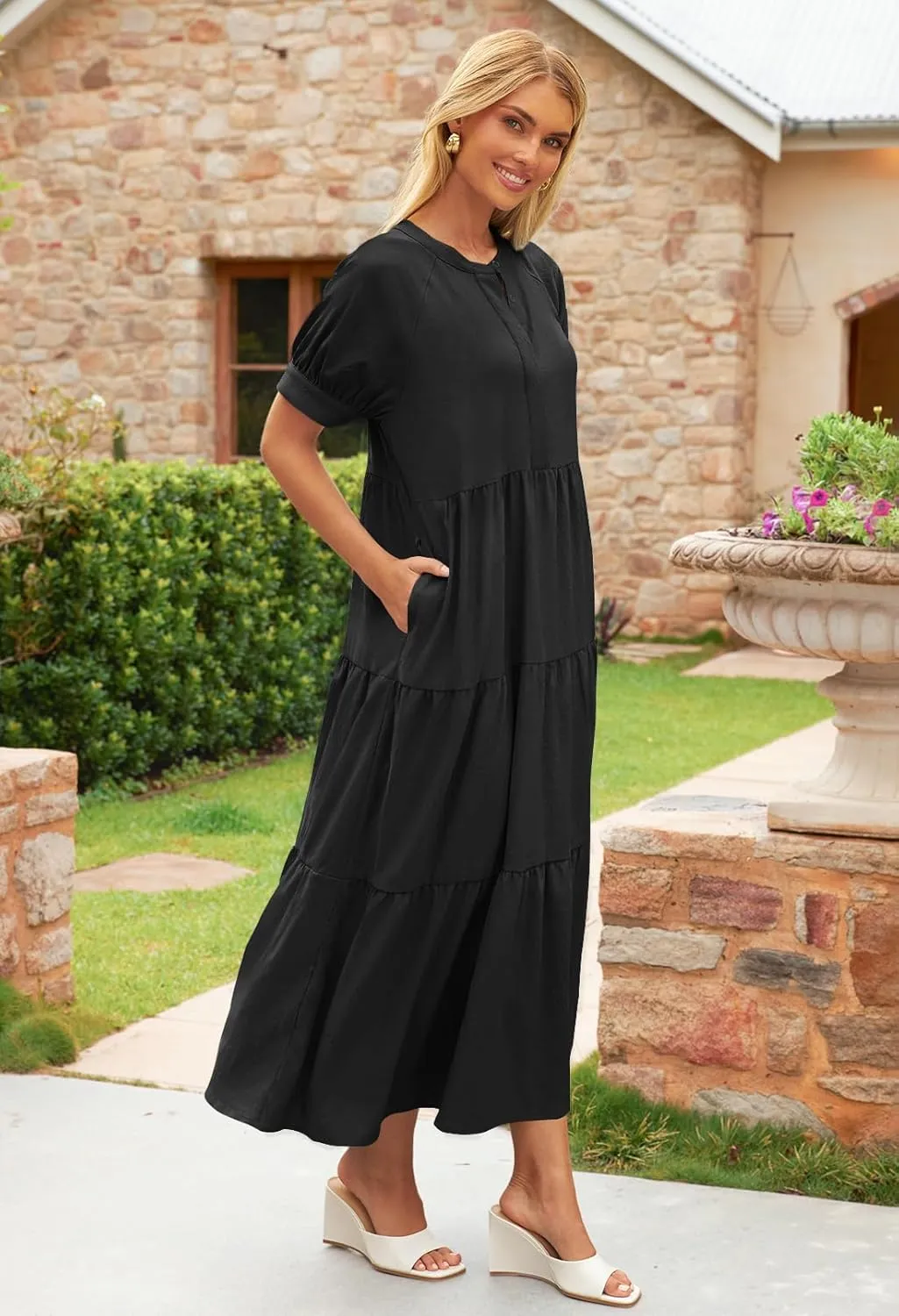 MEROKEETY Women Short Sleeve Summer Dress Button Down V Neck Ruffle Tiered Maxi Dresses