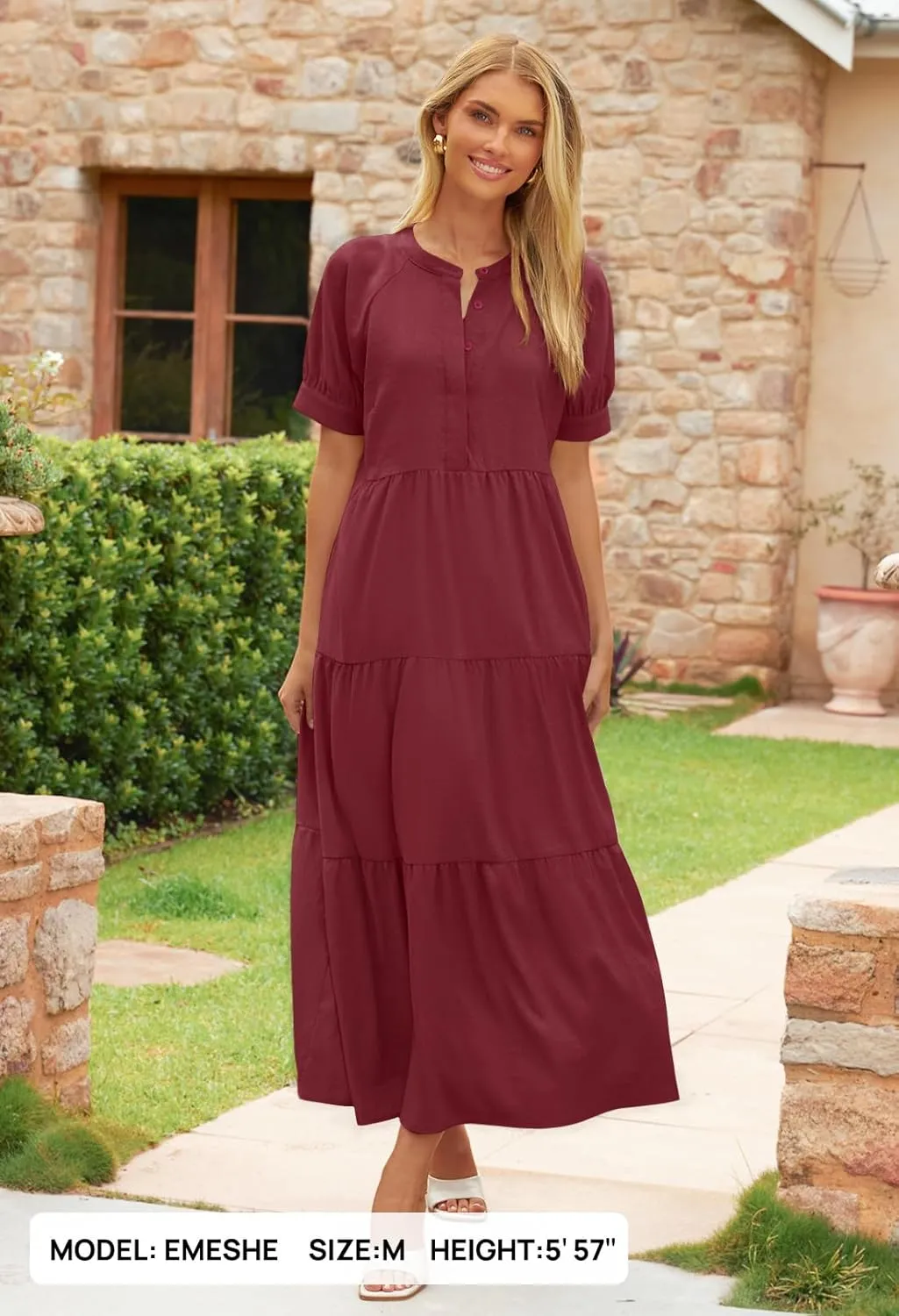 MEROKEETY Women Short Sleeve Summer Dress Button Down V Neck Ruffle Tiered Maxi Dresses