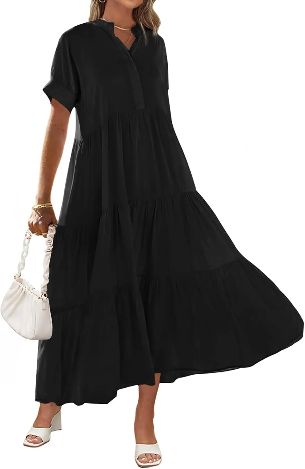 MEROKEETY Women Short Sleeve Summer Dress Button Down V Neck Ruffle Tiered Maxi Dresses