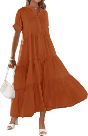 MEROKEETY Women Short Sleeve Summer Dress Button Down V Neck Ruffle Tiered Maxi Dresses