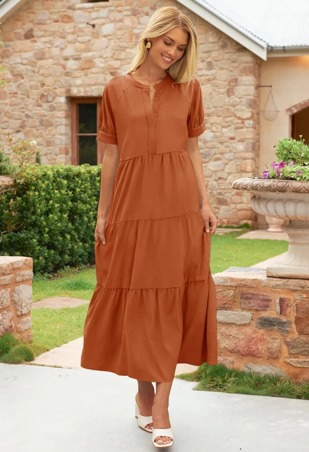 MEROKEETY Women Short Sleeve Summer Dress Button Down V Neck Ruffle Tiered Maxi Dresses