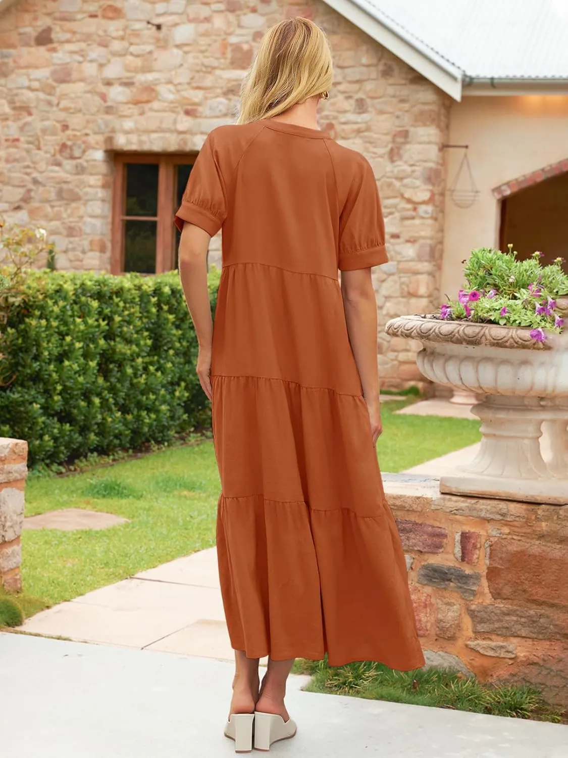 MEROKEETY Women Short Sleeve Summer Dress Button Down V Neck Ruffle Tiered Maxi Dresses