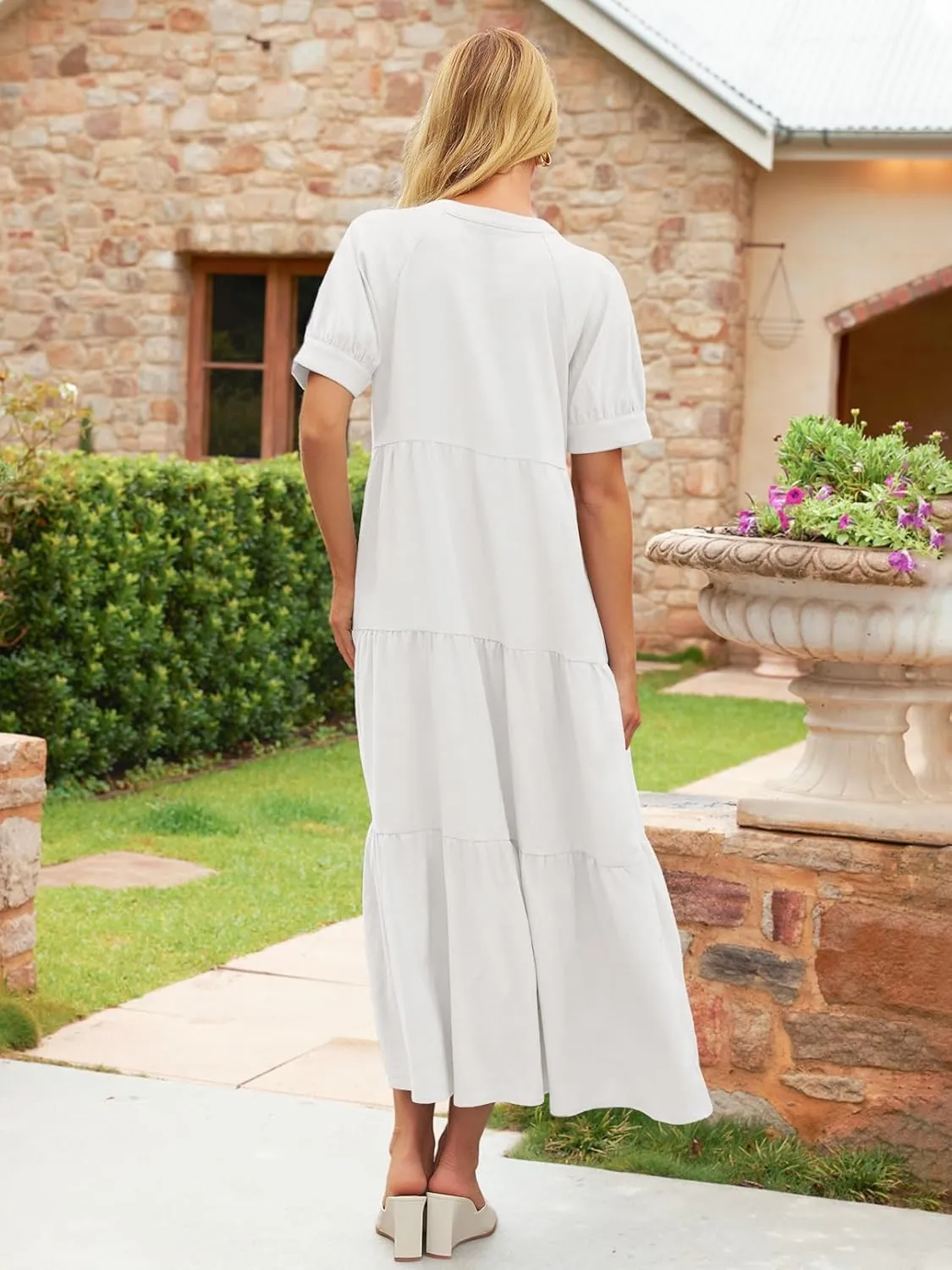 MEROKEETY Women Short Sleeve Summer Dress Button Down V Neck Ruffle Tiered Maxi Dresses